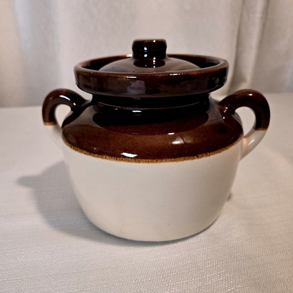 Vintage McCoy 340 6816 Brown White Two Tone Stoneware Lidded Bean Pot Crock USA